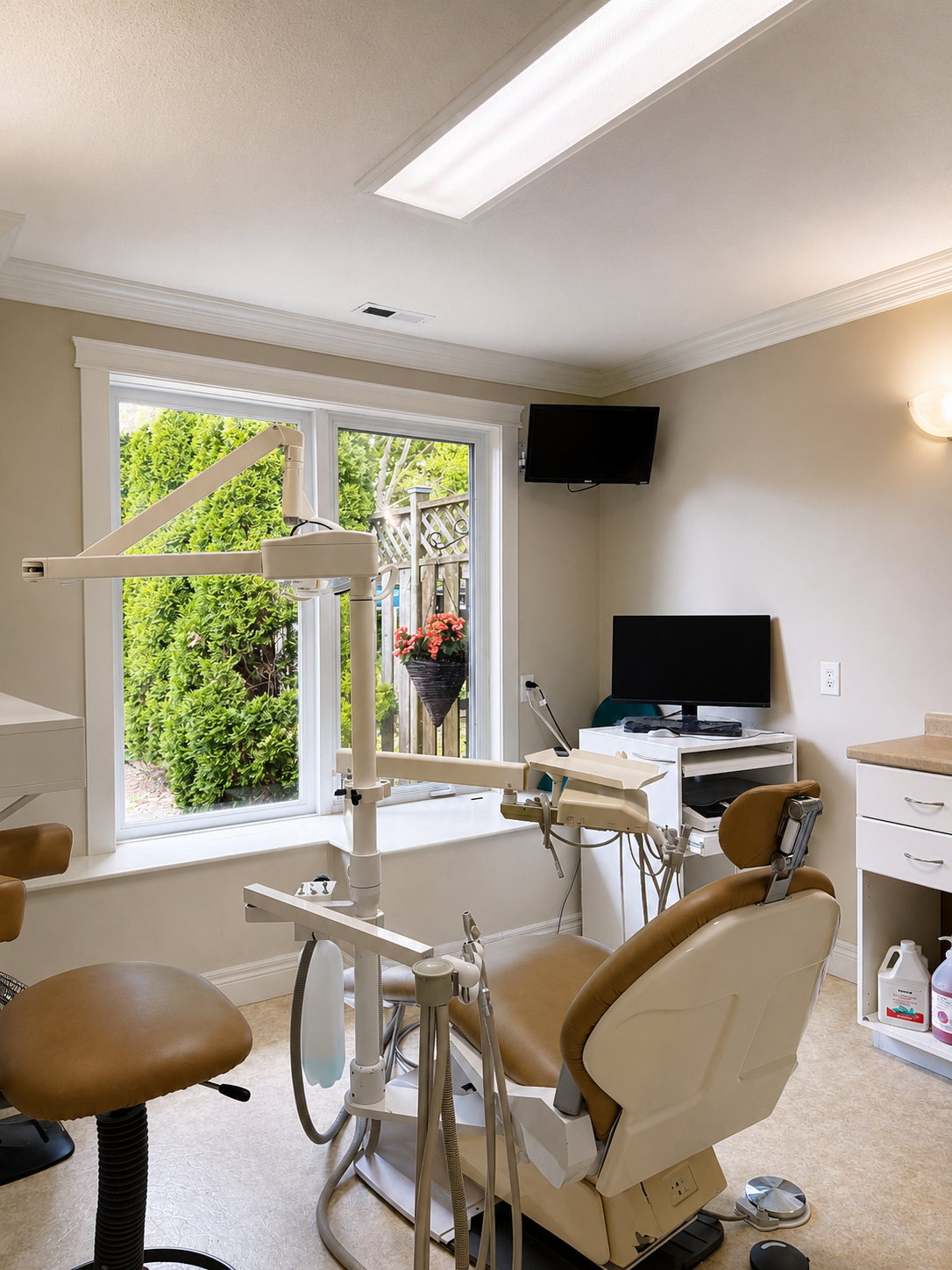 A modern dental operatory with advanced technology and soft purple accents